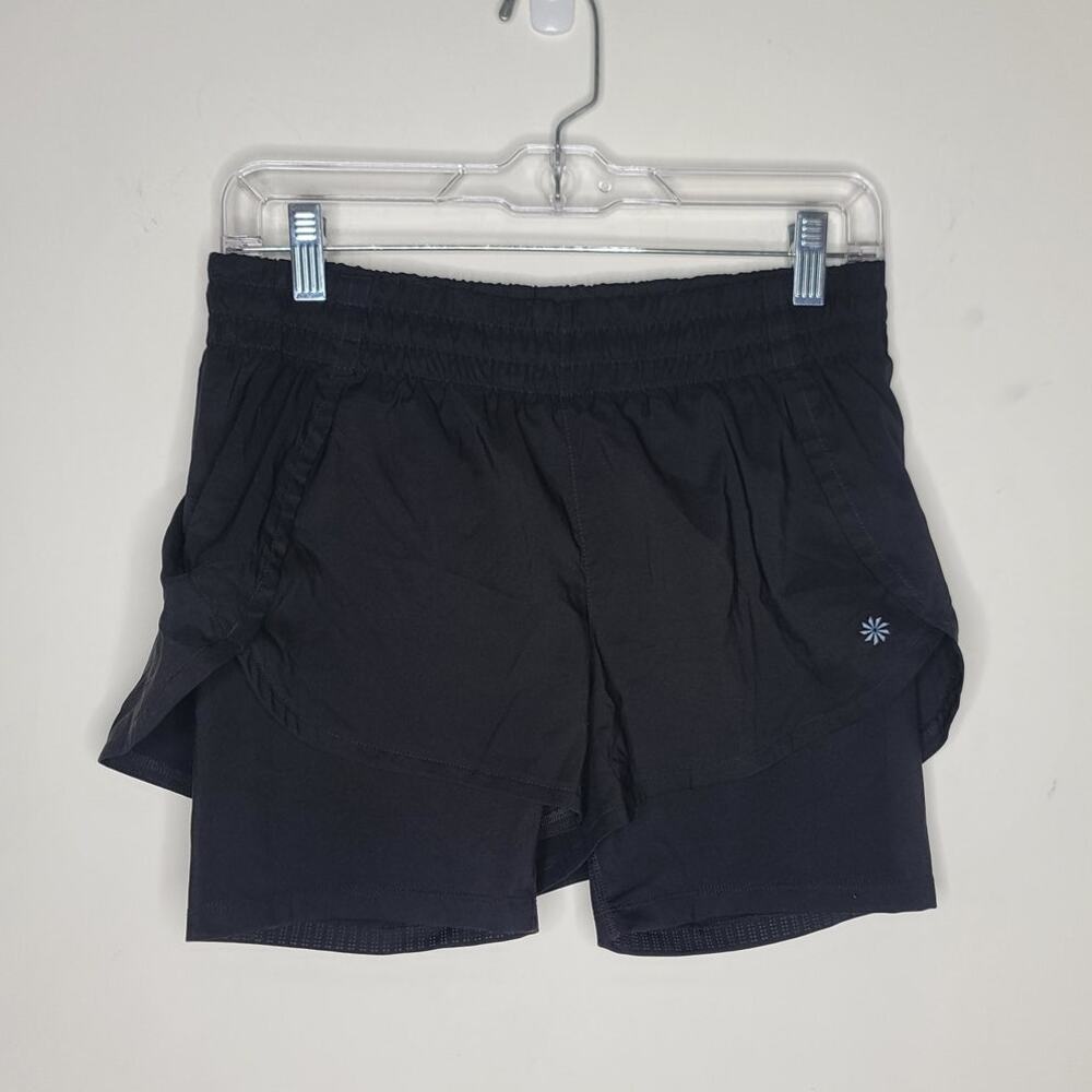 Athleta Racer Run 2 in 1 lined black workout shorts - small - 291755